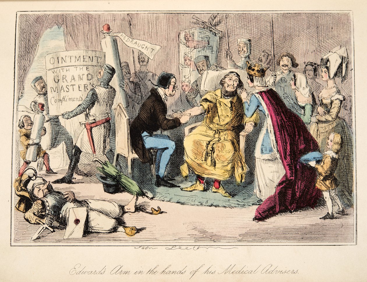 ذراع إدوارد في أيدي مستشاريه الطبيين ، من التاريخ الهزلي لإنجلترا ، حانة. 1864 (النقش الملون باليد) بواسطة جون ليتش
