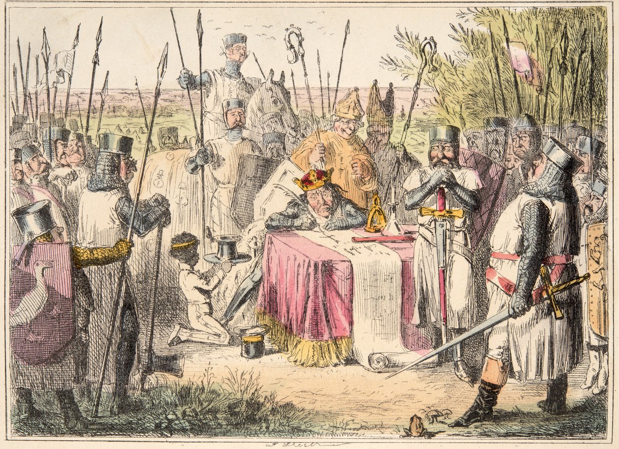 الملك جون يوقع ماجنا كارتا ، من التاريخ الهزلي لإنجلترا ، حانة. 1864 (النقش اليدوي) بواسطة جون ليتش