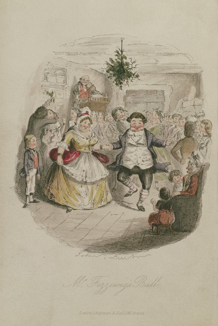 السيد Fezzywigs Ball ، رسم توضيحي من كارول عيد الميلاد بقلم تشارلز ديكنز (1812-1870) ، pub.1843 (نقش ملون باليد) بواسطة جون ليتش