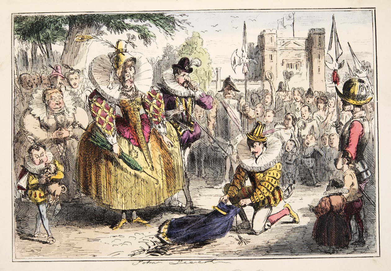 الملكة اليزابيث والسير والتر رالي ، من تاريخ إنجلترا الهزلي ، حانة. 1864 (النقش اليدوي) بواسطة جون ليتش
