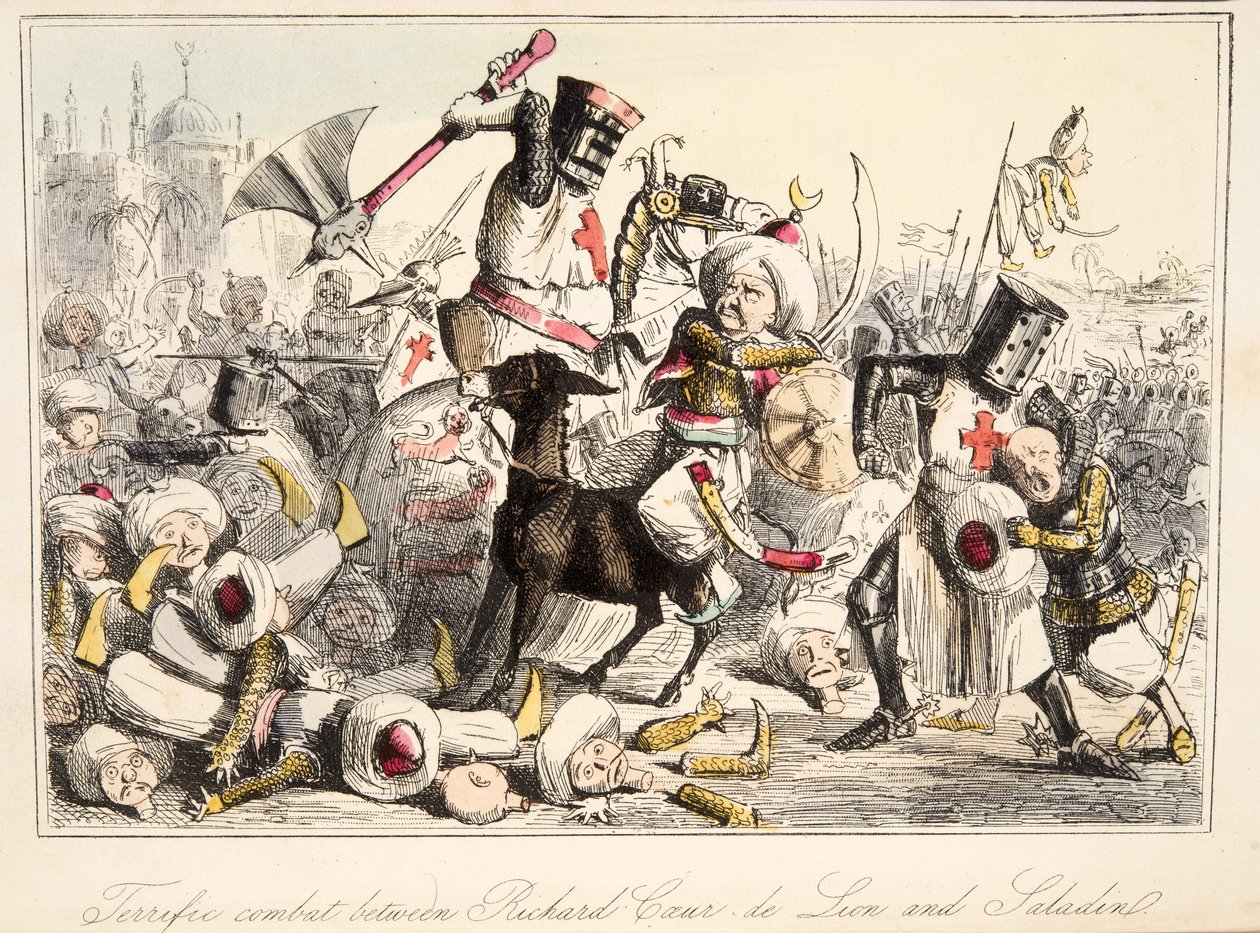 قتال رائع بين ريتشارد كور دي ليون وصلاح الدين من التاريخ الهزلي لإنجلترا ، حانة. 1864 (النقش اليدوي) بواسطة جون ليتش