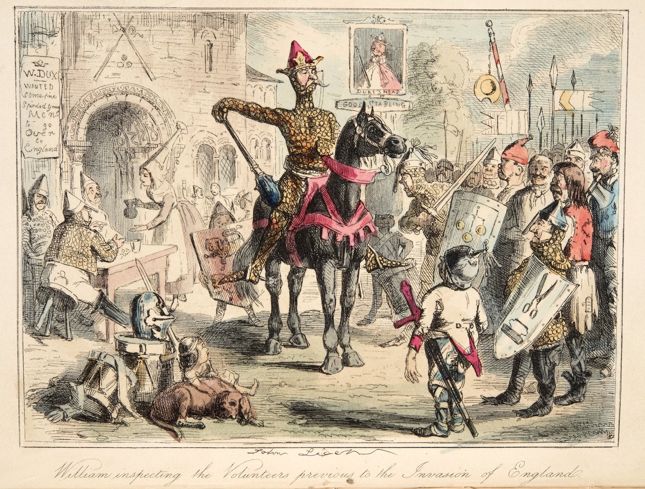 ويليام الفاتح يتفقد المتطوعين قبل غزو إنجلترا ، من تاريخ إنجلترا الهزلي ، الحانة. 1864 (النقش اليدوي) بواسطة جون ليتش
