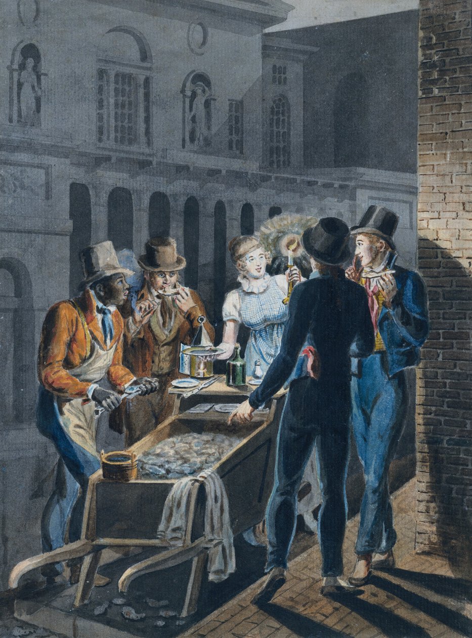 الحياة الليلية في فيلادلفيا — بارو أويستر أمام مسرح شارع تشستنَت ، 1811-كاليفورنيا. 1813. بواسطة جون لويس كريميل