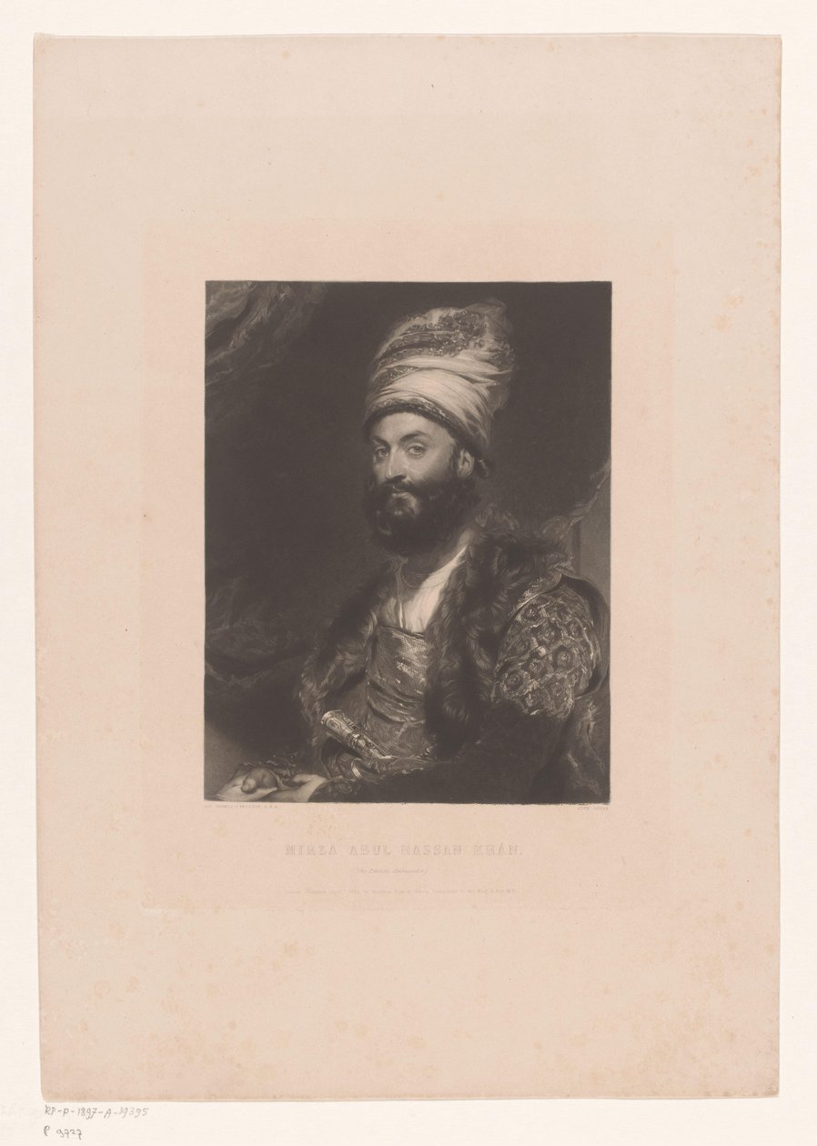 Portret van Mirza Abolhassan Khan Ilchi ميرزا أبو الحسن خان / (السفير الفارسي) (العنوان على الشيء) بواسطة جون لوكاس