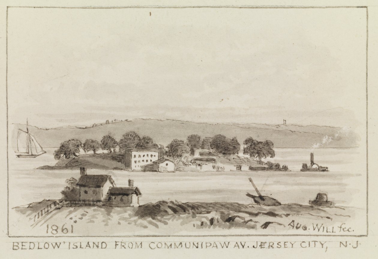 جزيرة Bedlow من Communipaw Av. ، جيرسي سيتي ، نيوجيرسي ، 1861 بواسطة جون م. أوغست ويل