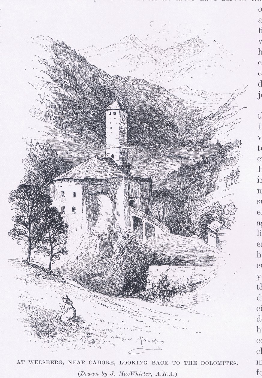 في Welsberg ، بالقرب من Cadore ، بالنظر إلى الوراء إلى Dolomites ، من The Magazine of Art 1893 ، Cassell and Company بواسطة جون ماكويرتر