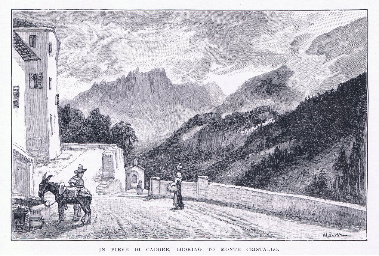 في Pieve Di Cadore ، تتطلع إلى Monte Cristallo ، من The Magazine of Art 1893 ، Cassell and Company بواسطة جون ماكويرتر
