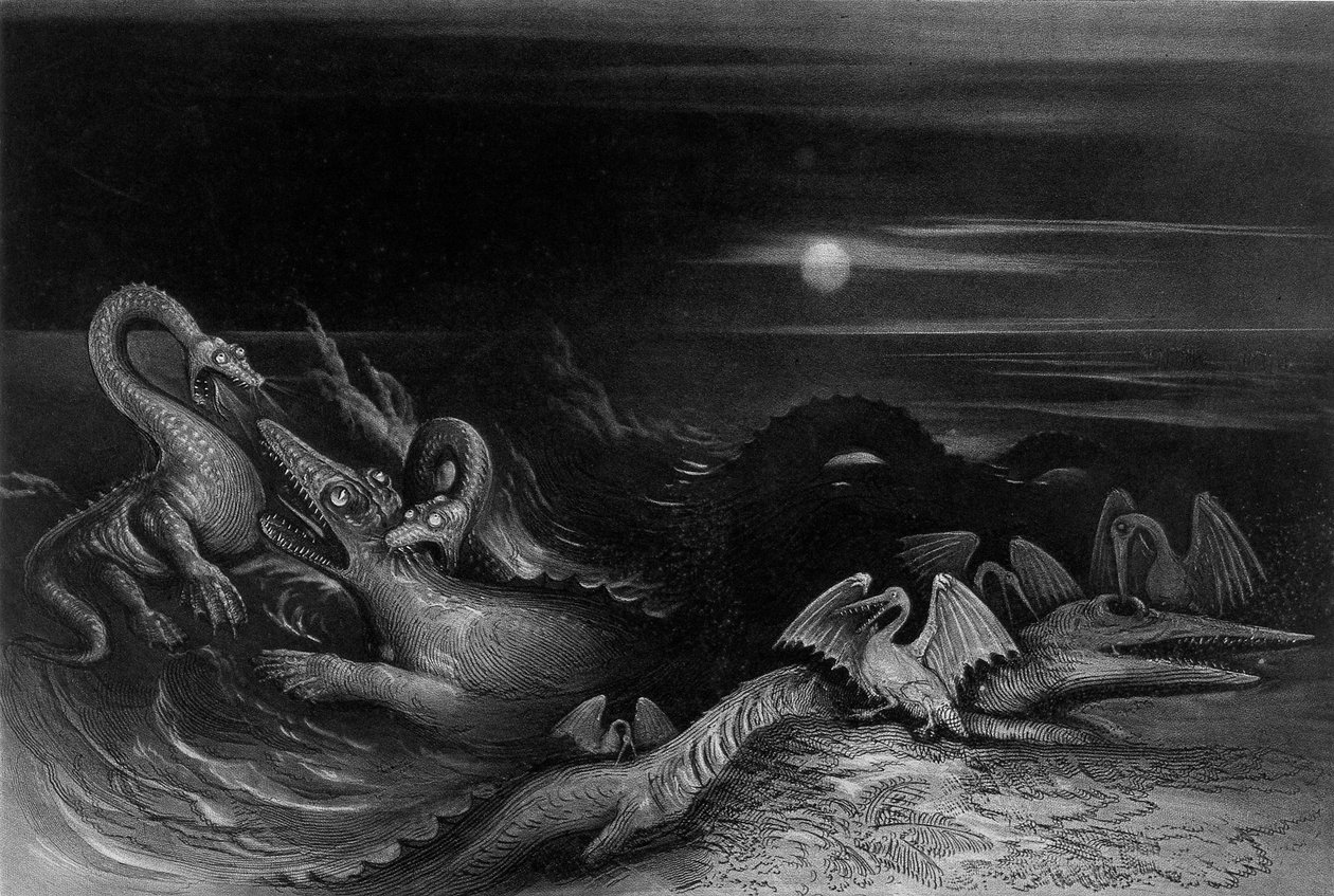 Plesiosaurus يقاتل تمنودونتوصور (Oligostinus) ، 1840 بواسطة جون مارتن