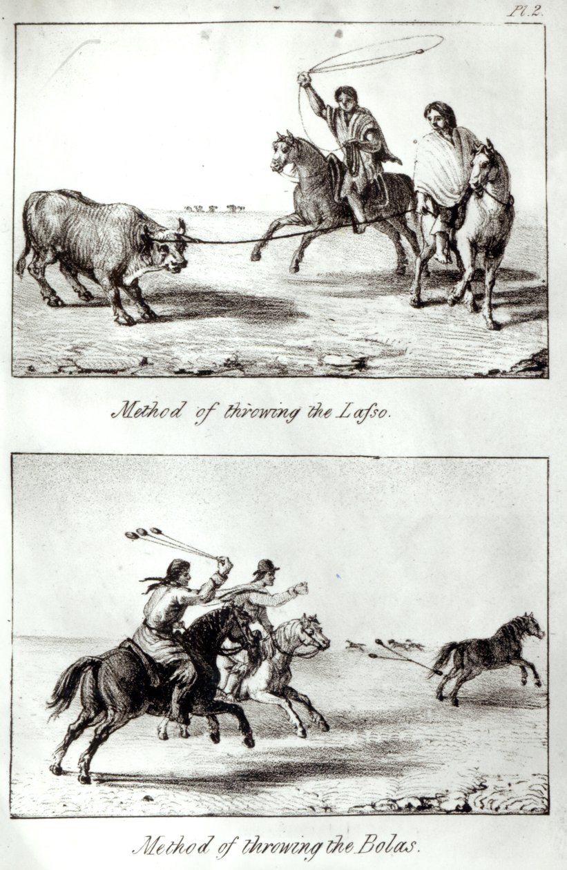 أساليب رمي اللاسو والبولاس ، من `` رحلات في تشيلي ولا بلاتا &39;&39; لجون مايرز ، 1826 (ليثو) (صور من وزن الجسم) بواسطة جون مايرز