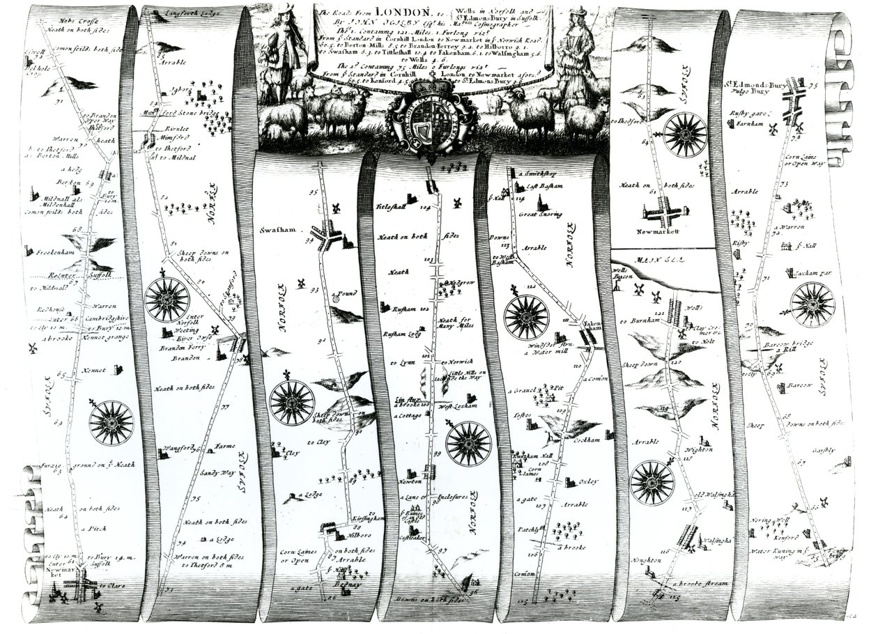 الطريق من لندن إلى ويلز وبوري سانت إدموندز ، من Ogilby&39;s &39;Britannia&39; ، 1675 (النقش) بواسطة جون أوجيلبي