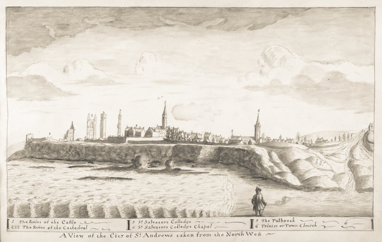 رسم سانت اندروز - مناظر لمدينة سانت اندروز مأخوذة من الشمال الغربي (قلم وغسل على ورق) بواسطة جون أوليفان