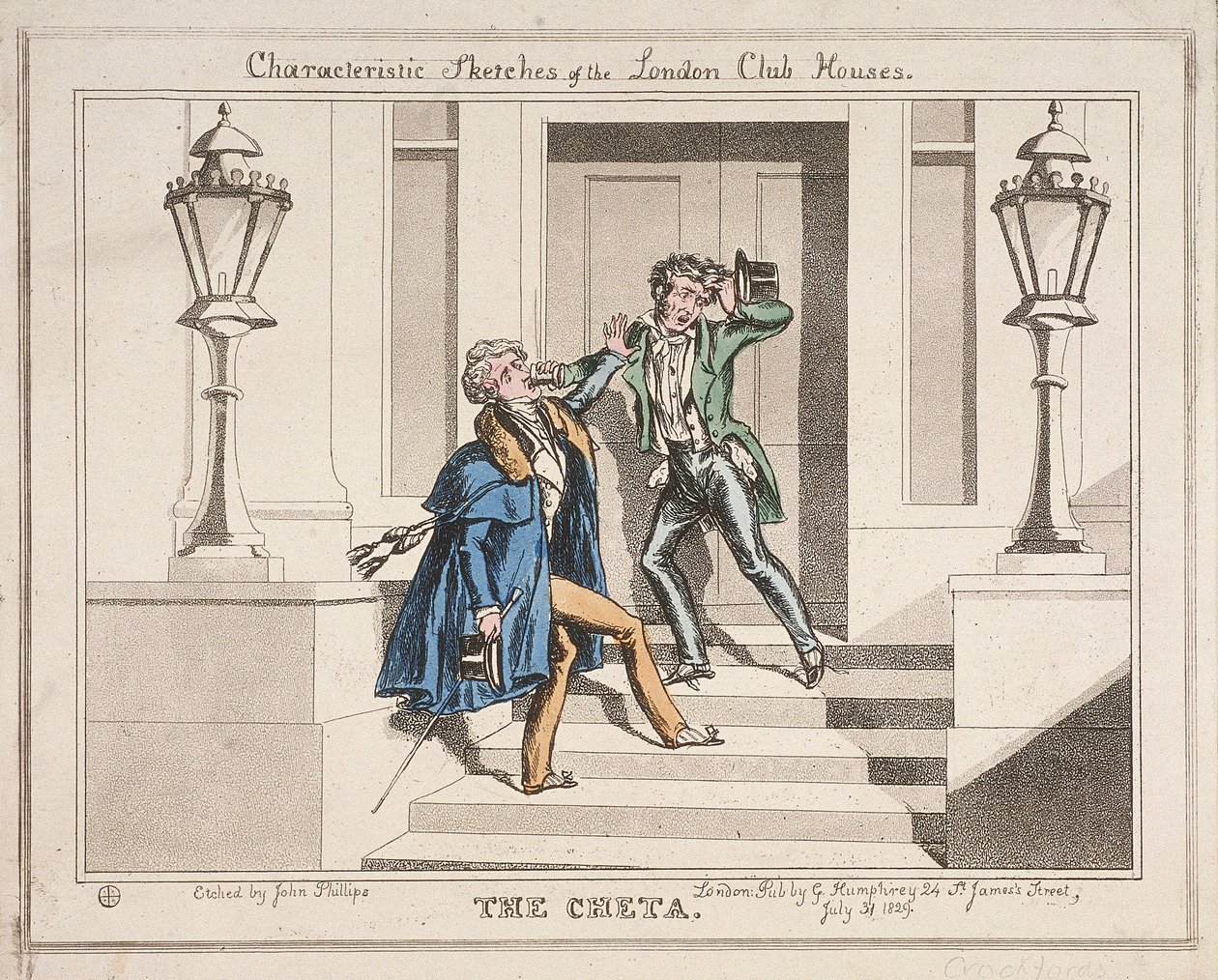 منظر لاثنين من المحتفلين في حالة سكر على درجات نادي كروكفورد ، لندن ، 1829 بواسطة جون فيليبس