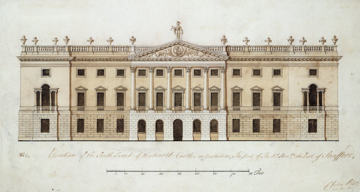 قلعة وينتورث ، تصميم للجبهة الجنوبية ، حوالي عام 1760 (قلم وحبر وألوان مائية على ورق) بواسطة جون بلات