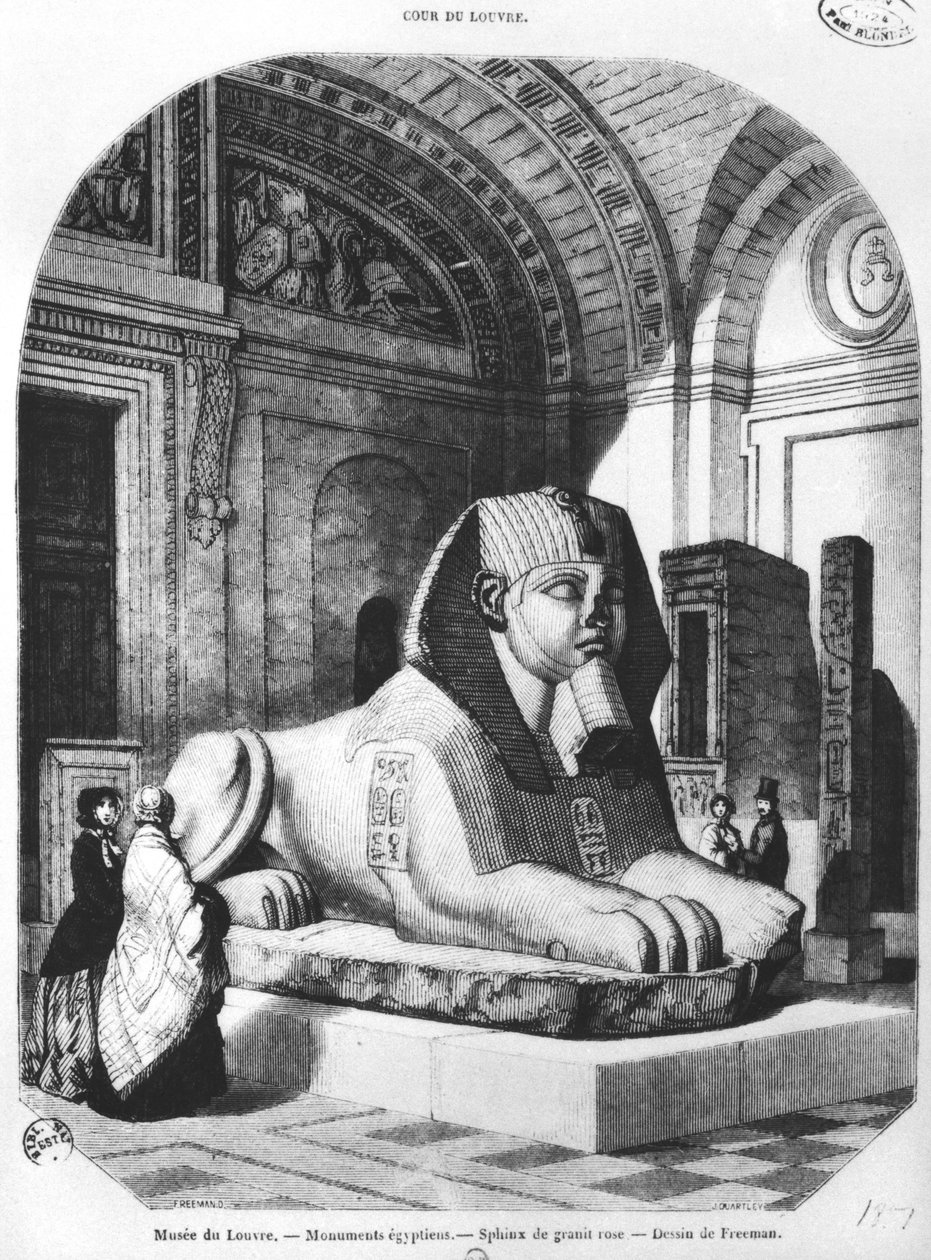 أبو الهول الجرانيت الوردي في الغرف المصرية في متحف اللوفر ، رسم توضيحي من `` Le Magasin Pittoresque &39;&39; ، بعد رسم فريمان ، يوليو 1851 بواسطة جون كوارتلي
