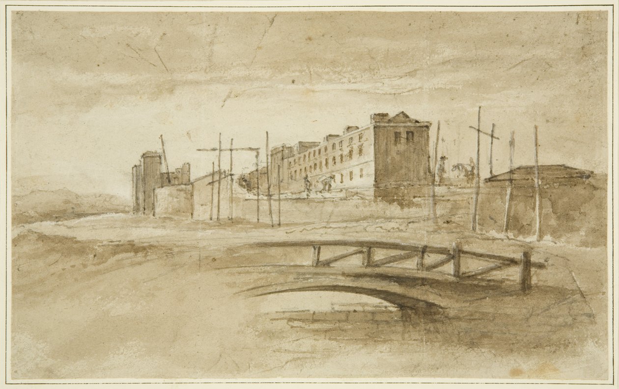مبنى Gaol الجديد في مسار البناء ، يُرى من جسر هارفورد ، حوالي عام 1820 (قلم رصاص وألوان مائية على ورق) بواسطة جون القس إيدن