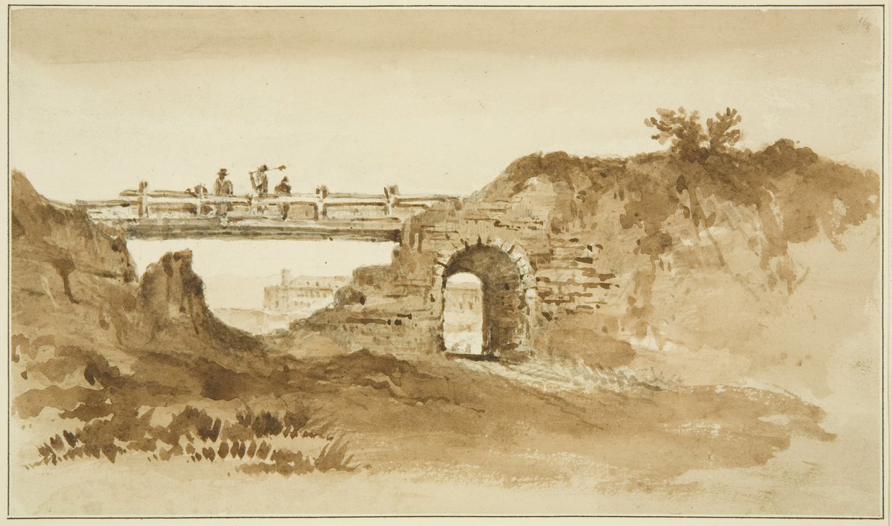 جسر مؤقت على طريق التتويج مقابل New Gaol ، حوالي عام 1821 (قلم رصاص وبني داكن يغسلان على ورق) بواسطة جون القس إيدن