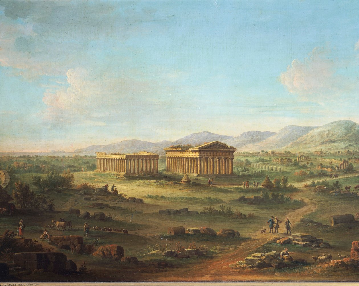Two great temples of Paestum, Basilica on left and Temple of Neptune or Poseidon on right, by John Robert Cozens بواسطة جون روبرت Cozens
