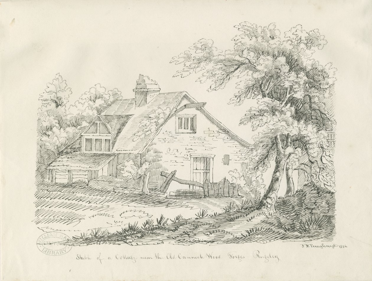 Rugeley - كوخ بالقرب من Old Cannock Wood Forges: الرسم بالقلم والحبر بواسطة جون روبرت Fernyhough