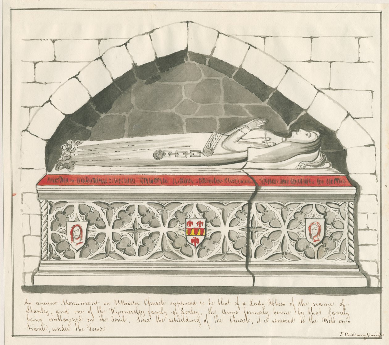 كنيسة Uttoxeter - قبر السيدة Abbess من عائلة Kynnersley: رسم بالقلم الجاف والطلاء ، بدون تاريخ [منتصف القرن التاسع عشر] بواسطة جون روبرت Fernyhough
