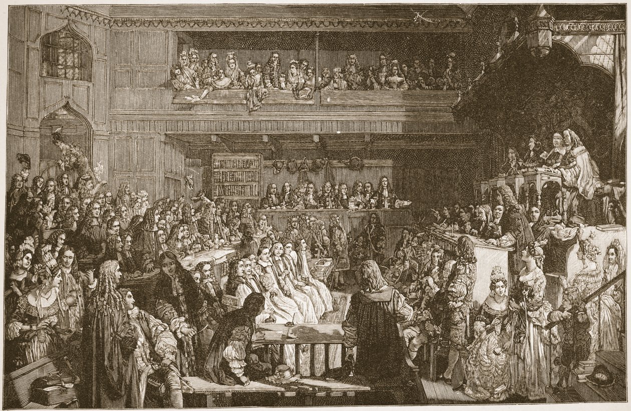 براءة الأساقفة السبعة ، 1688 ، رسم توضيحي من "كنيسة إنجلترا: تاريخ للشعب" بقلم HDM Spence-Jones ، حانة. ج .1910 (صورة بني داكن) بواسطة جون روجرز هربرت