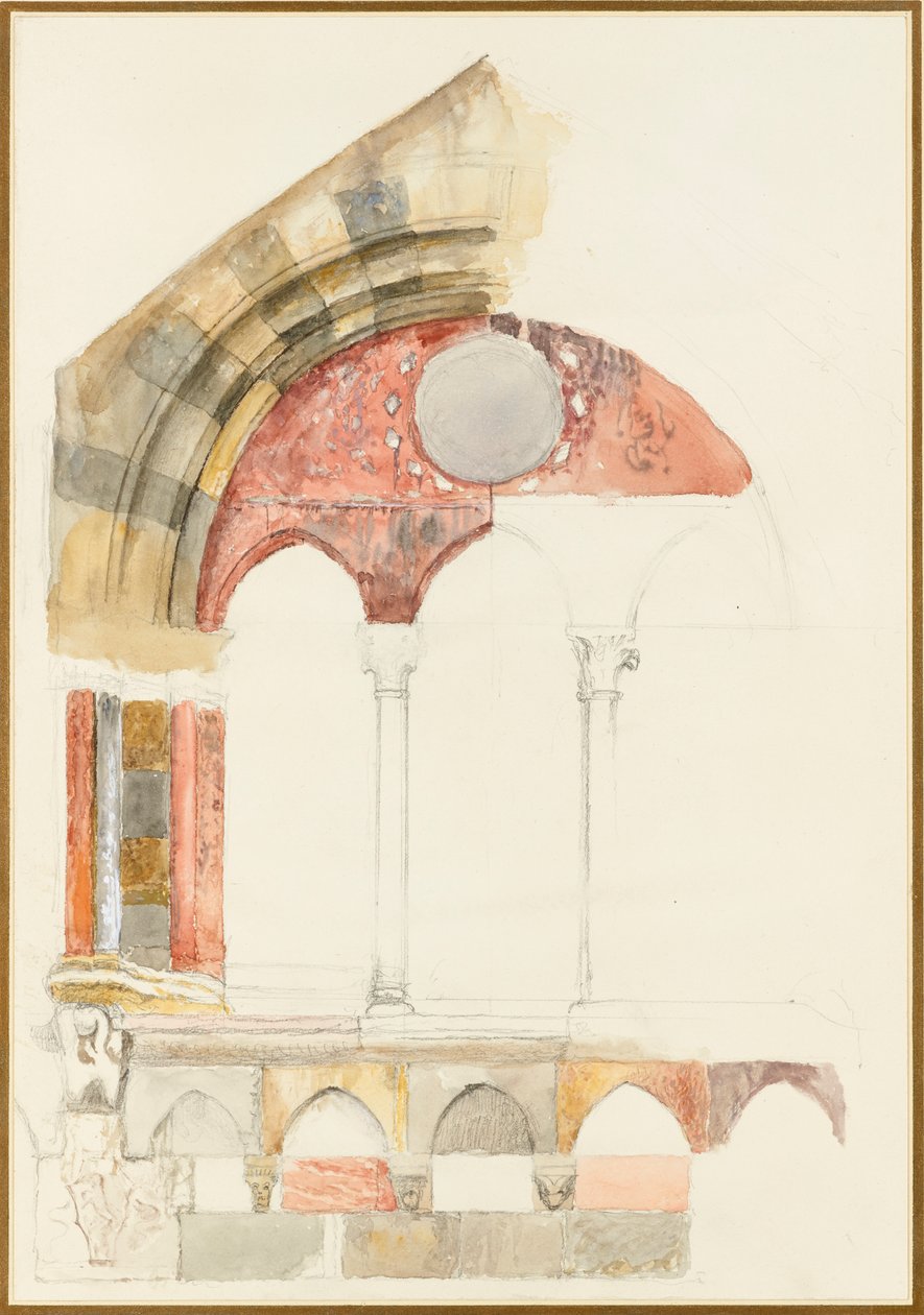 نافذة من Broletto ، كومو: رسم سريع بالألوان ، يوضح طريقة ترصيع الكرات ، 1869 بواسطة جون روسكين