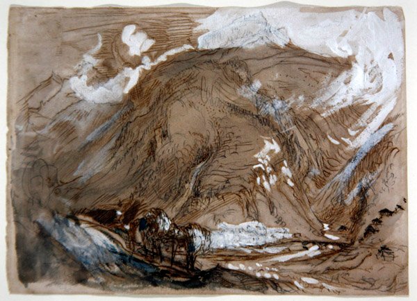 وادي جبال الألب ، حوالي 1854 (قلم رصاص وحبر وألوان مائية مزينة بالأبيض على ورق) بواسطة جون روسكين