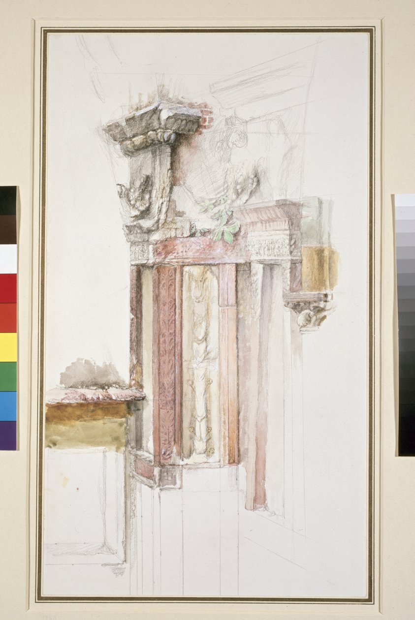 Pilaster على واجهة سانت أناستاسيا ، فيرونا ، يونيو 1869 (مرحاض ولون بودي على الجرافيت على الورق ، حكمت بعض الخطوط) بواسطة جون روسكين