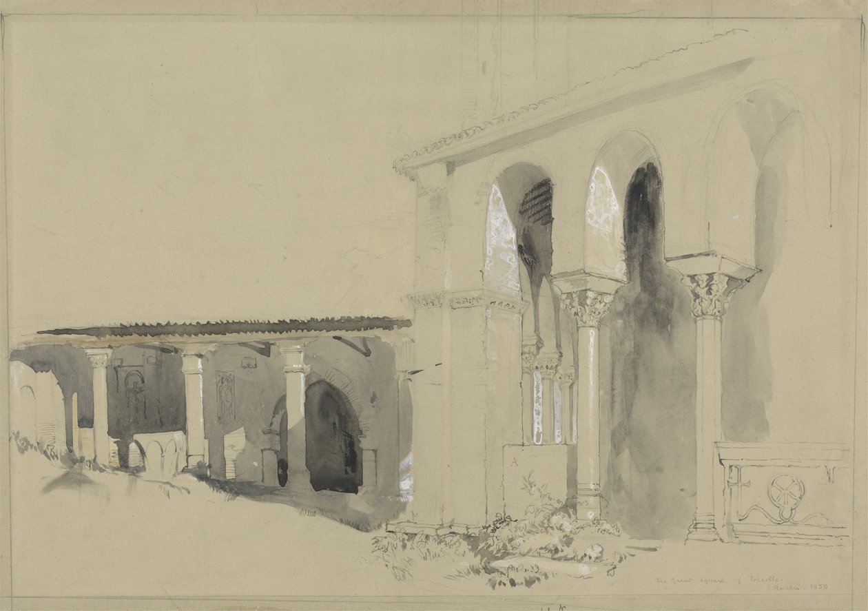 المربع الكبير في Torcello ، 1850 (قلم وحبر وغسل فوق الجرافيت مع الغواش على ورق نسج بني) بواسطة جون روسكين