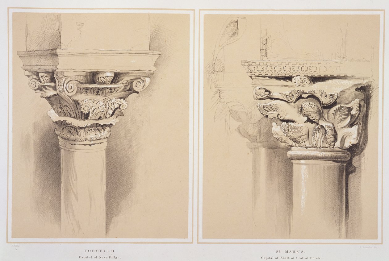Torcello ، عاصمة Nave Pillar و St. Mark&39;s ، عاصمة من السقيفة المركزية ، من `` أمثلة على الهندسة المعمارية للبندقية &39;&39; لجون روسكين ، نقشها G. Rosenthal ، 1851 بواسطة جون روسكين