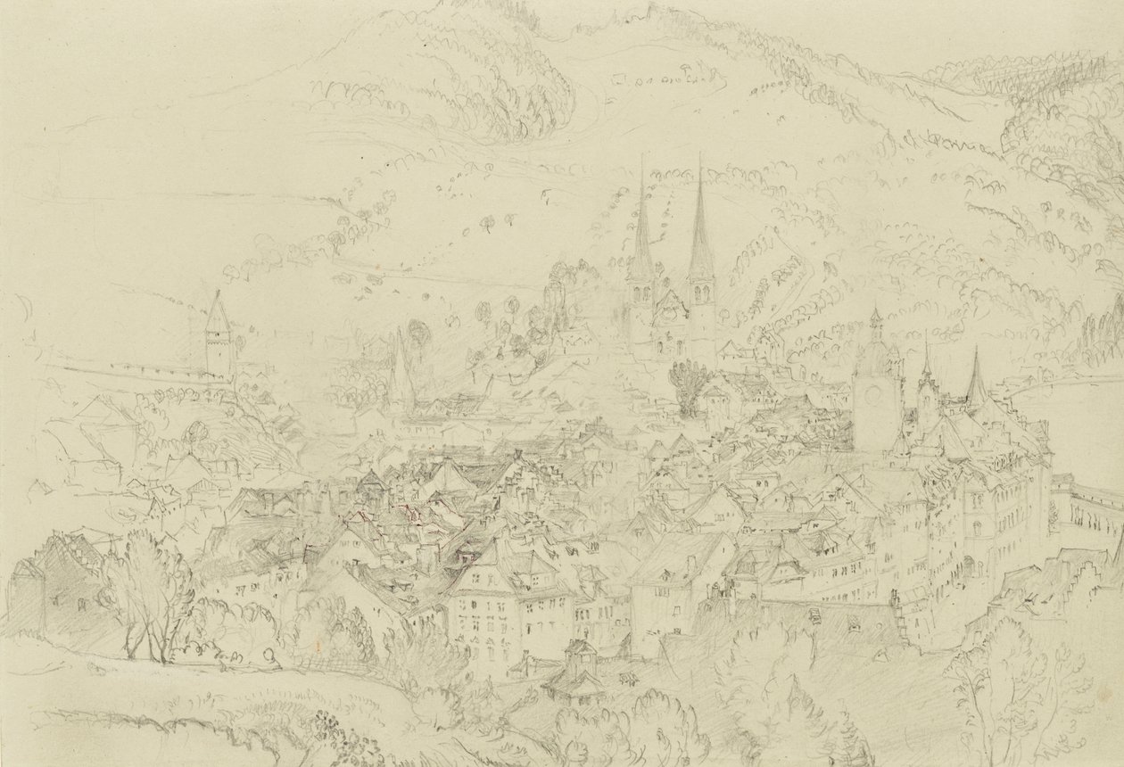 منظر لوزيرن من أعلى ، أكتوبر - ديسمبر 1861 (جرافيت مع لمسات من القلم والحبر على ورق منسوج رمادي باهت) بواسطة جون روسكين
