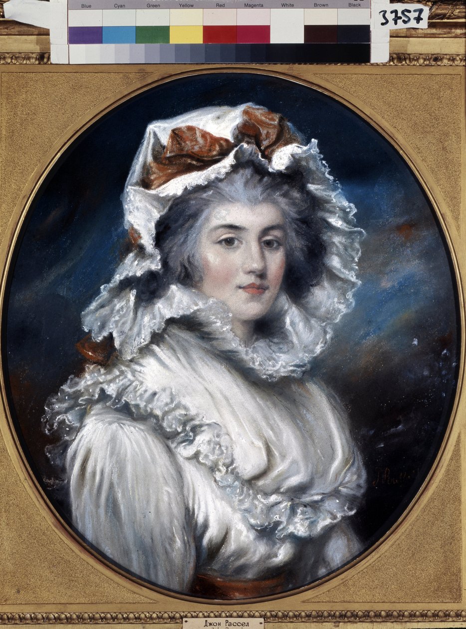 صورة لامرأة شابة بقبعة (صورة لفتاة بقلنسوة). رسم جون راسل (1745-1806). باستيل على الورق ، النصف الثاني من القرن الثامن عشر. الفن الإنجليزي في القرن الثامن عشر. متحف هيرميتاج ، سانت بطرسبرغ. بواسطة جون راسل