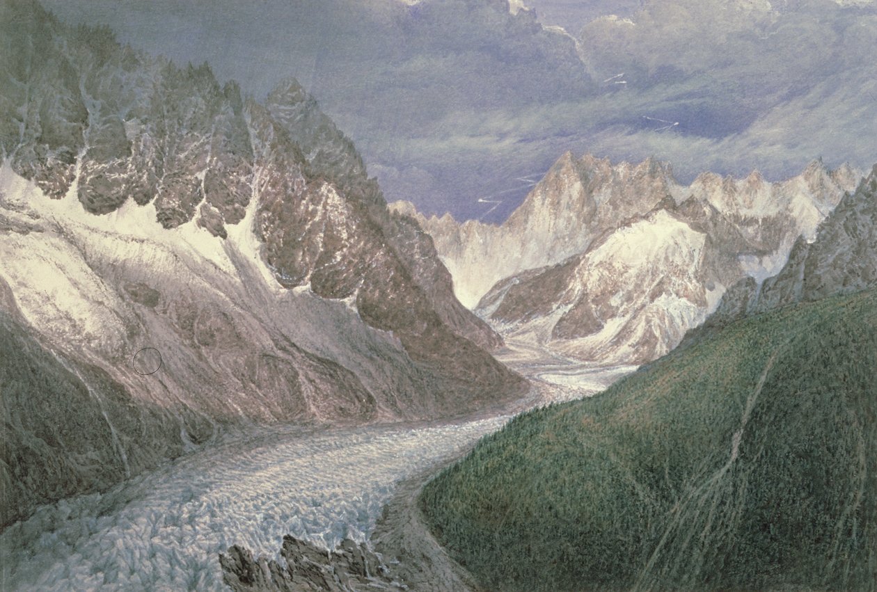 منظر ل Mer de Glace مع Aiguille du Moine على اليسار و Grandes Jorasses في المسافة إلى اليمين ، القرن التاسع عشر بواسطة جون سكاندريت هارفورد