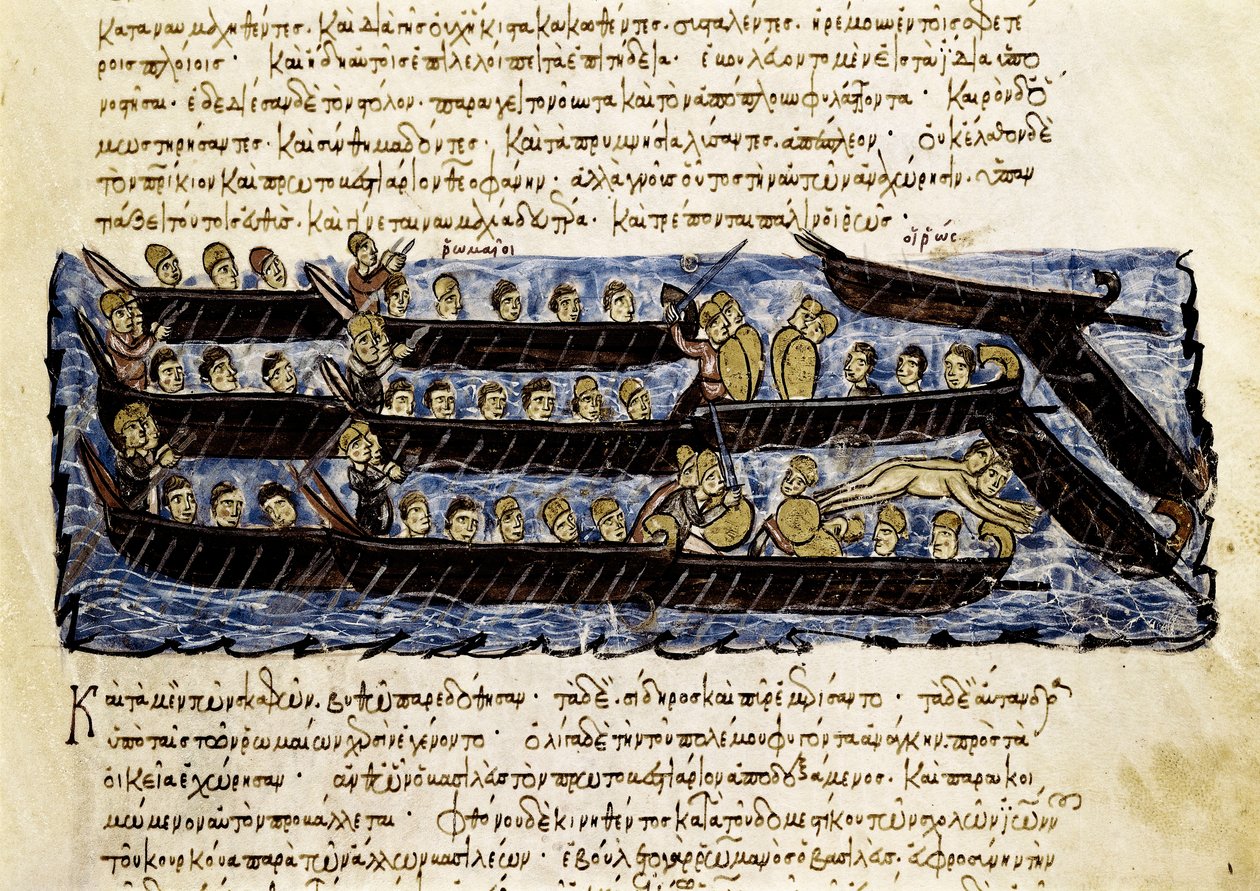 أسطول روسي ، مصغر من "Synopsis historyiarum" ، حوالي 1126-1150 بواسطة جون Scylitzes