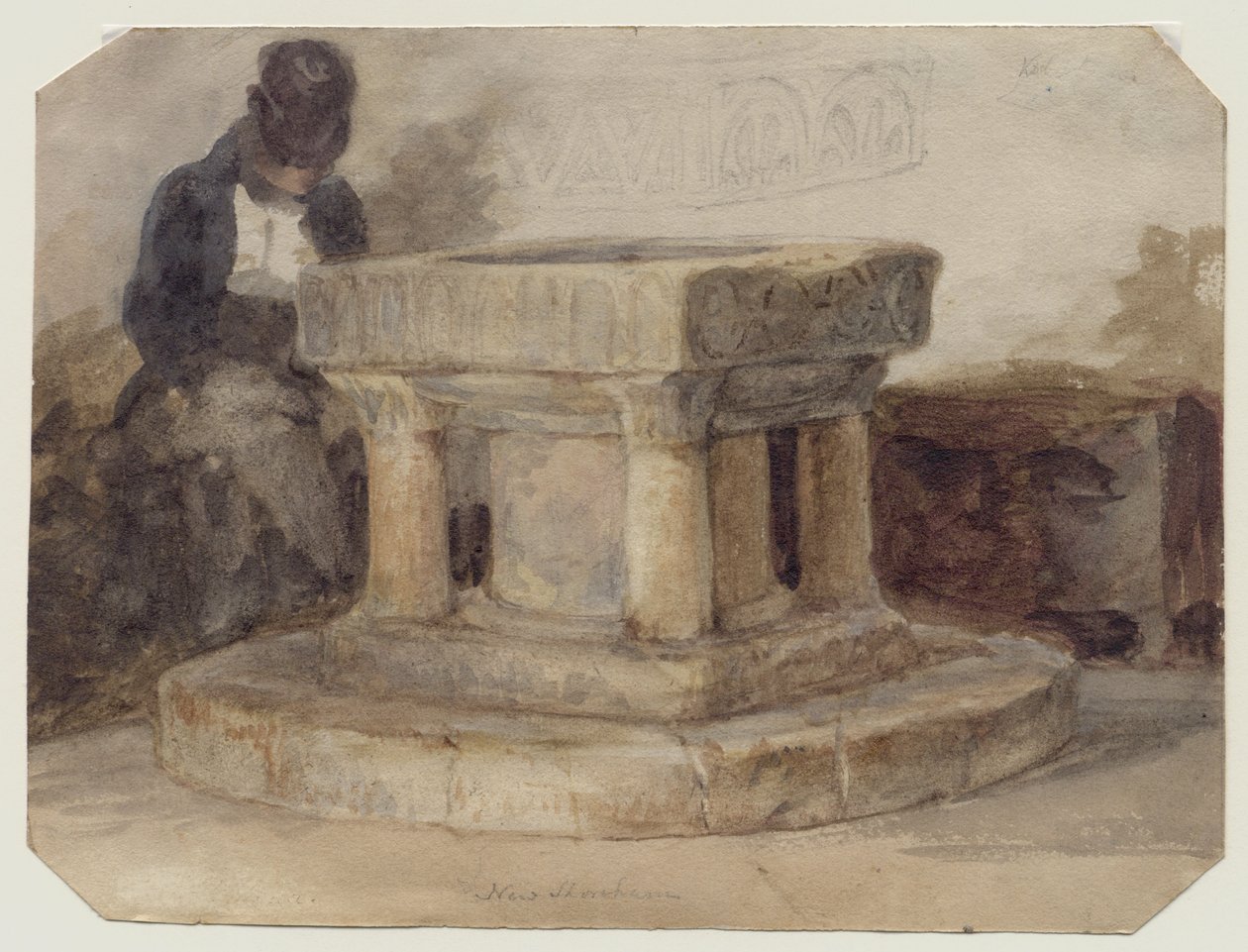 The Font of New Shoreham Church ، West Sussex ، مع الفنان William Scott of Brighton نائمًا بواسطة جون سيل (أسلوب) كوتمان
