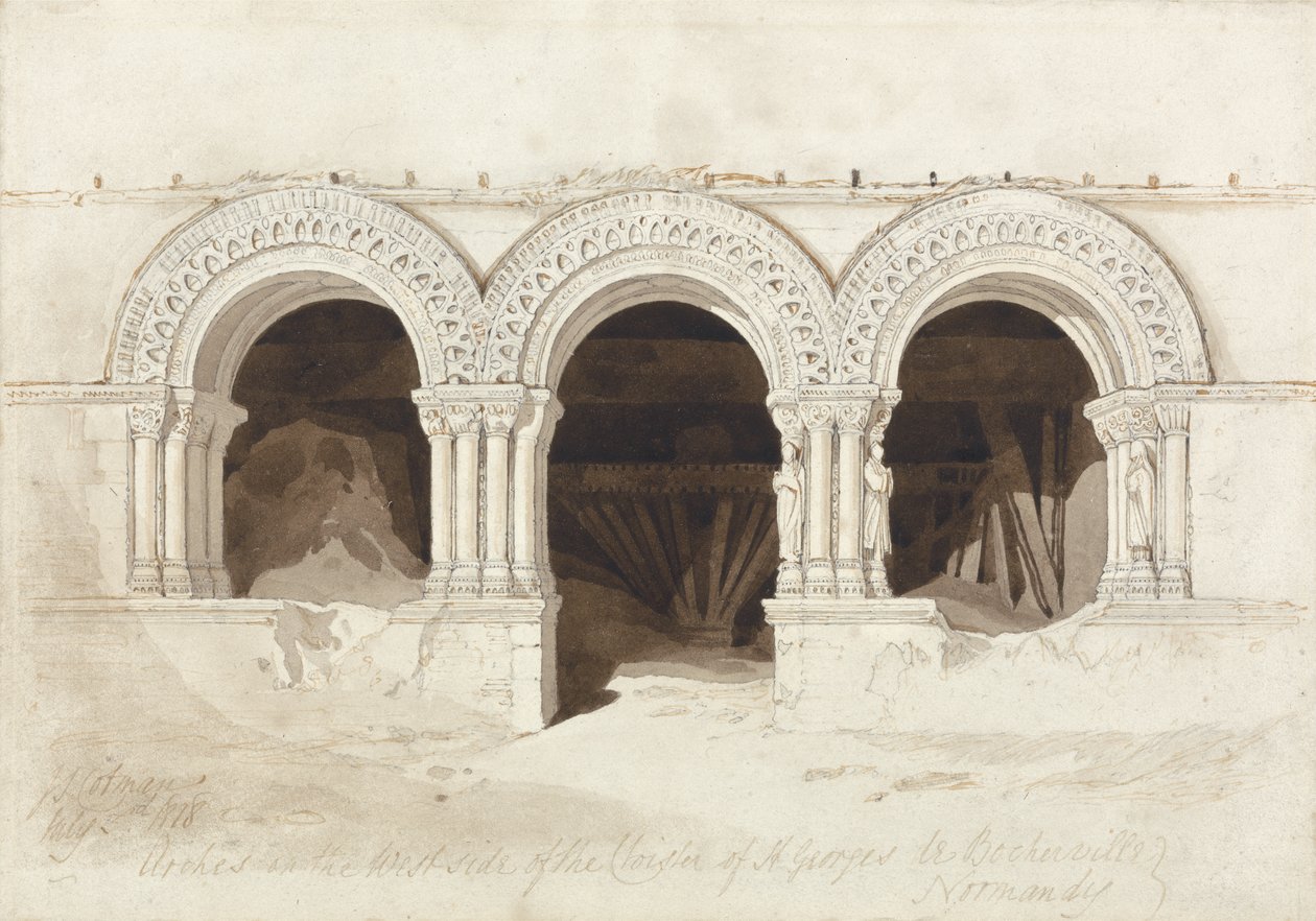أقواس في الجانب الغربي من دير القديس جورج دي بوشرفيل ، بالقرب من روان ، نورماندي ، حوالي عام 1818 (الجرافيت ، الغسل البني والقلم والحبر على ورق على ورق) (انظر 172543) بواسطة جون سيل كوتمان