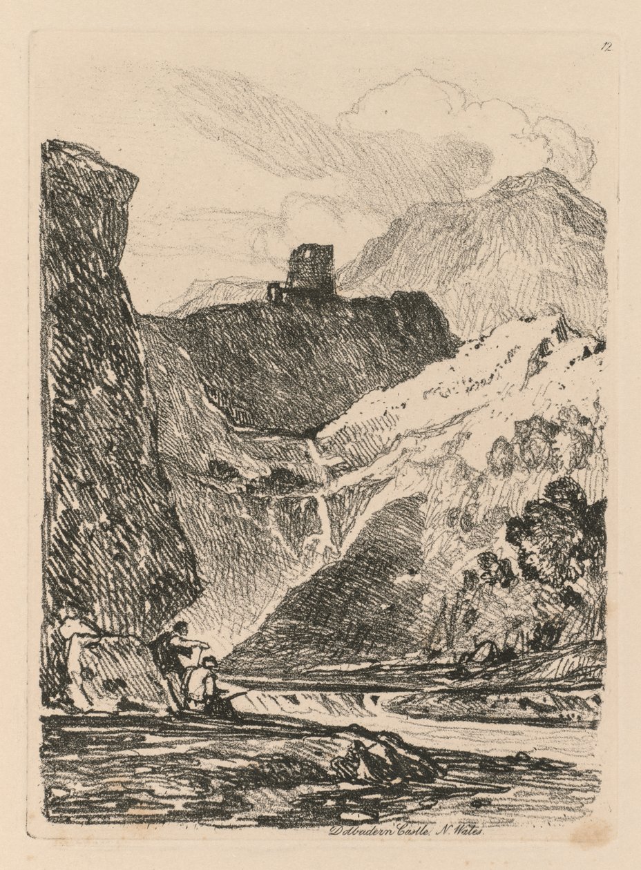 غرفة دراسة Liber: اللوحة 12 ، قلعة Dolbadern ، بحيرة Llanberris ، شمال ويلز ، 1838. بواسطة جون سيل كوتمان