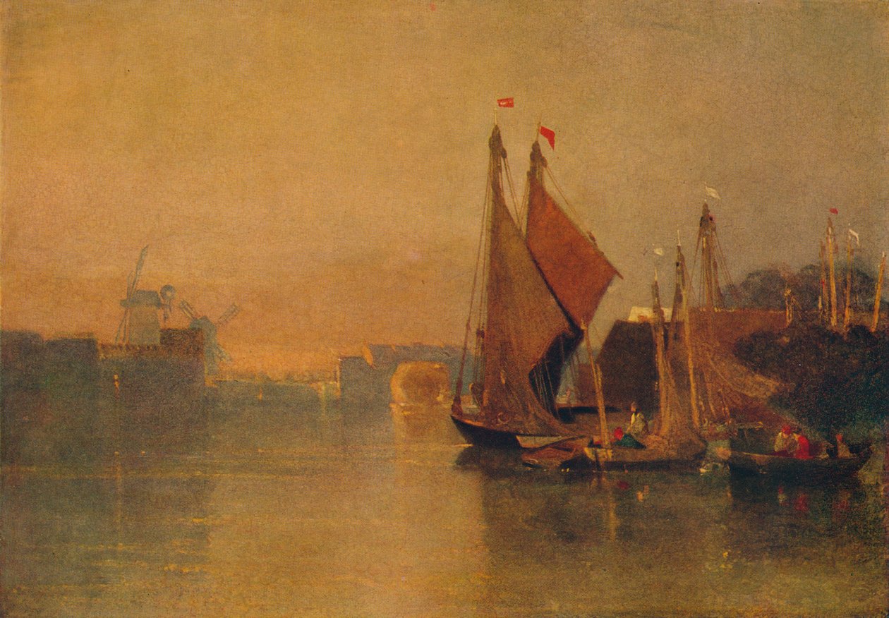 منظر من جسر يارموث ، نورفولك ، يتطلع نحو بريدون ، بعد الغروب مباشرة ، c1823 بواسطة جون سيل كوتمان