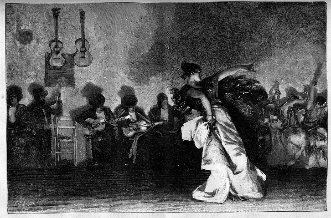 El Jaleo - رقصات غجرية. عازفو الجيتار وراقصة الفلامنكو. نقش بعد لوحة جون سينجر سارجنت (1856-1925) في "" العالم المصور "" رقم 1335 بتاريخ 28 أكتوبر / تشرين الأول بواسطة جون سينجر (بعد) سارجنت