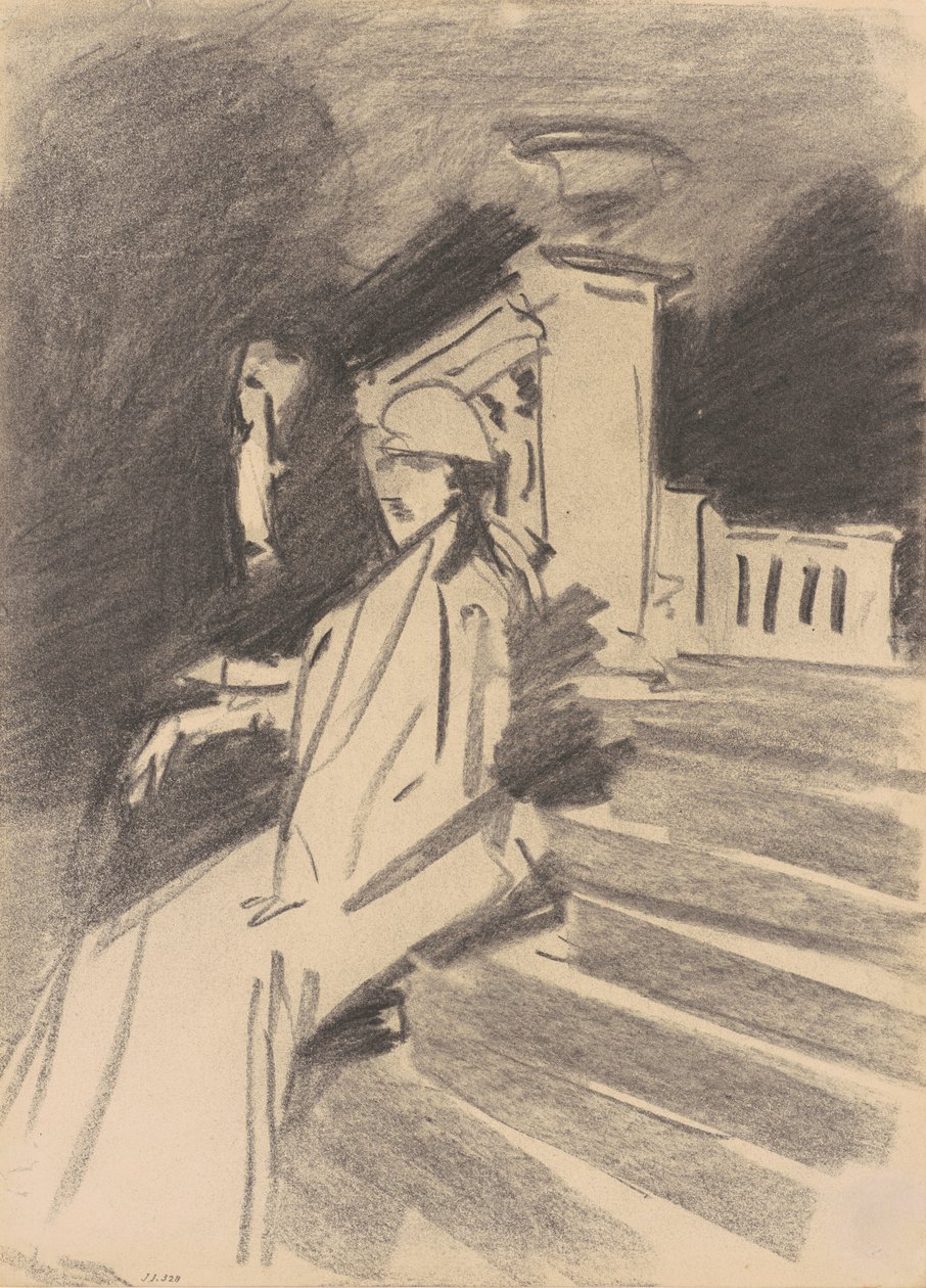 بجوار النافورة ، فيلا تورلونيا ، فراسكاتي ، c.1907 (فحم على ورق منسوج) بواسطة جون سينغر سارجنت