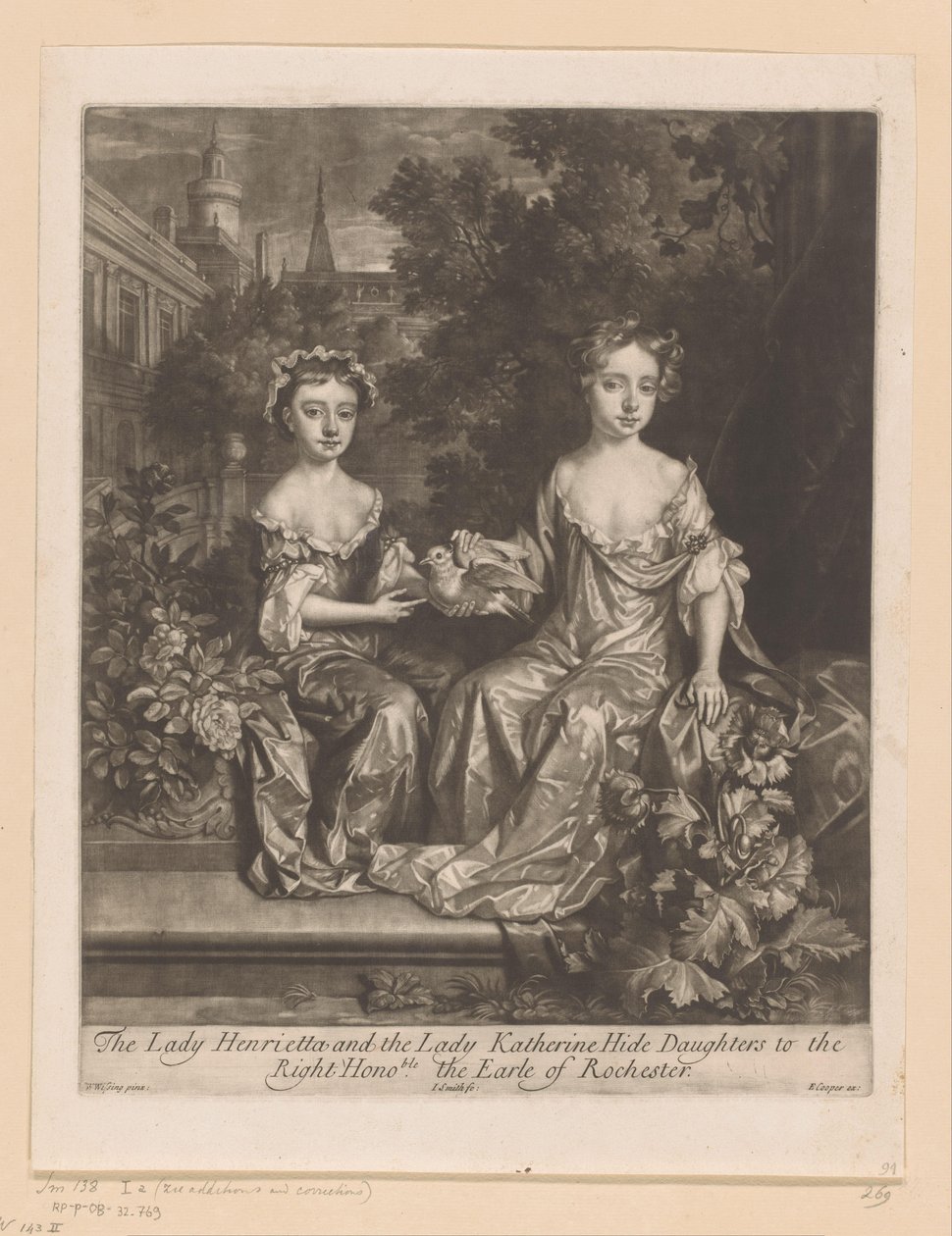 Portret van Henrietta en Katherine Hyde قابلت een duif السيدة Henrietta والسيدة Katherine Hide Daughters to the / Right Honorable the Earle of Rochester (العنوان على الكائن) بواسطة جون سميث
