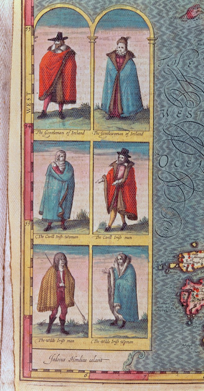 أنواع إيرلندية ، تفاصيل من مملكة أيرلندا ، نقشها جودوكوس هونديوس (1563-1612) ، من "مسرح إمبراطورية بريطانيا العظمى" ، الحانة. بقلم جون سودبوري وجورج همبل ، 1610 (ملون en بواسطة جون سبيد