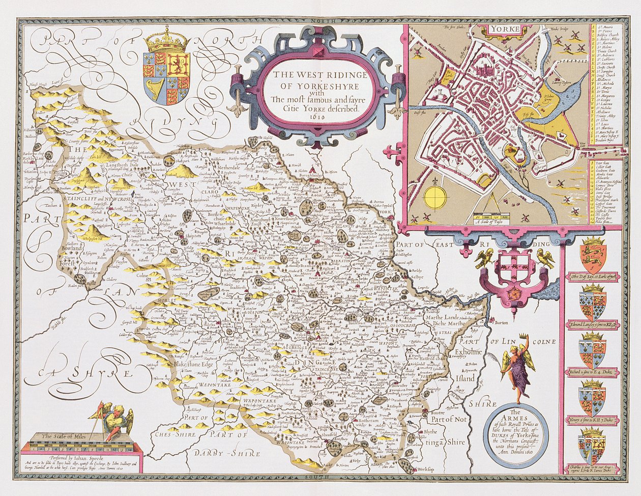 The West Ridinge of Yorkeshyre ، منقوش بواسطة Jodocus Hondius (1563-1612) من "مسرح إمبراطورية بريطانيا العظمى" التابع لجون سبيد ، 1611-12 (نقش نحاسي ملون باليد) بواسطة جون سبيد