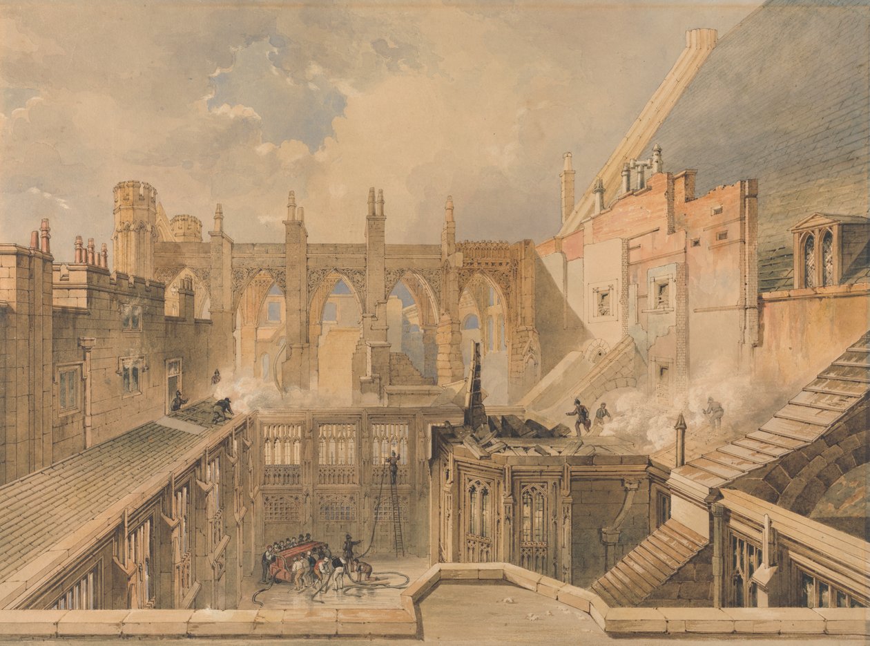 منظر لبقايا كنيسة القديس ستيفن ، مجلسي البرلمان في صباح اليوم التالي لحريق 16 أكتوبر 1834 بواسطة جون تايلور جونيور