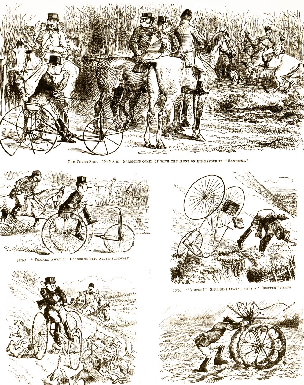 رسم كاريكاتوري يصور رجلاً يصطاد على دراجة ثلاثية العجلات. رسمها جون تينيل (1820-1914) رسامًا إنجليزيًا ، ورسام فكاهي ، ورسام كاريكاتير سياسي بواسطة جون تينيل