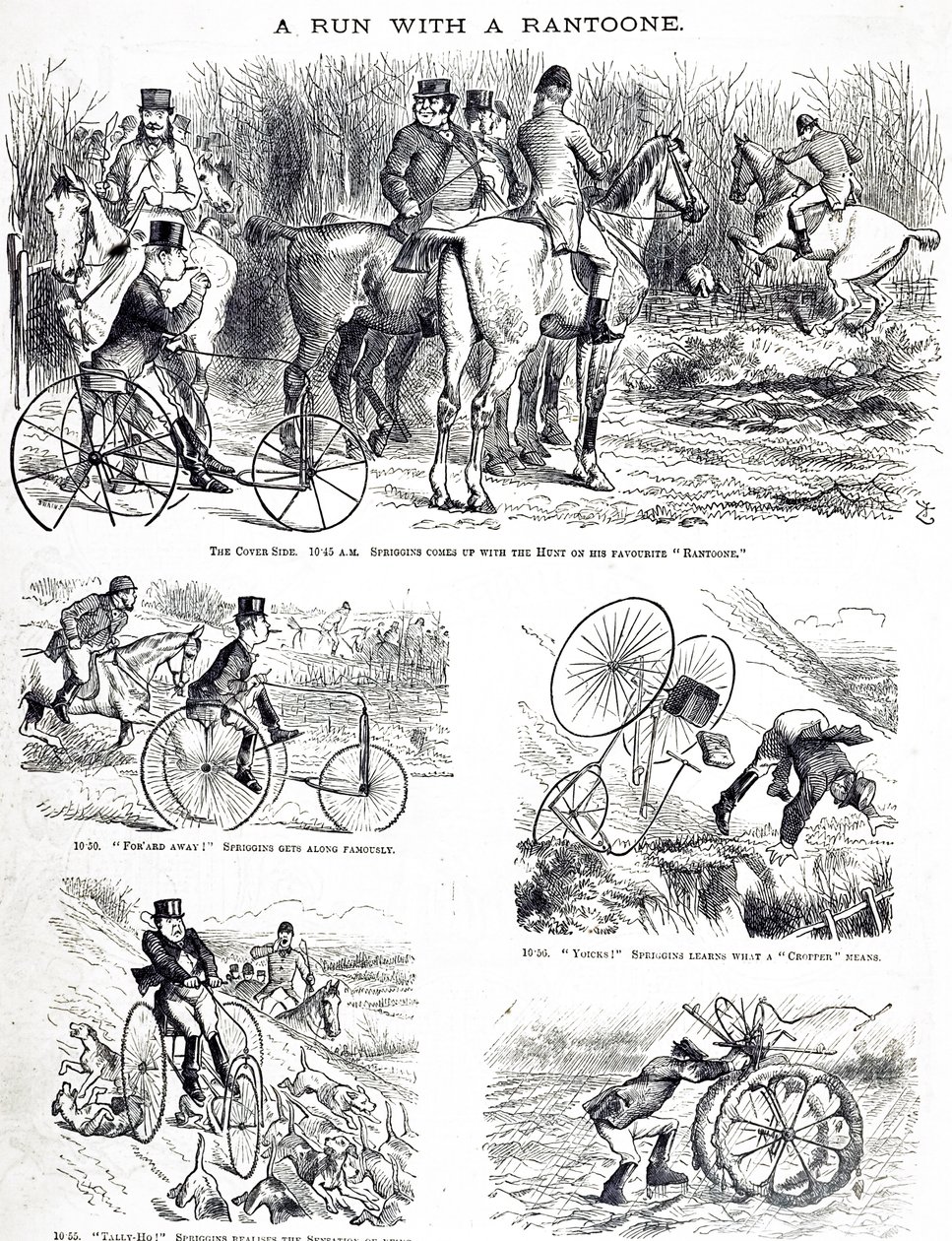 رسم كاريكاتوري يصور رجلاً يصطاد على دراجة ثلاثية العجلات. رسمها جون تينيل (1820-1914) رسامًا إنجليزيًا ، ورسام فكاهي ، ورسام كاريكاتير سياسي بواسطة جون تينيل
