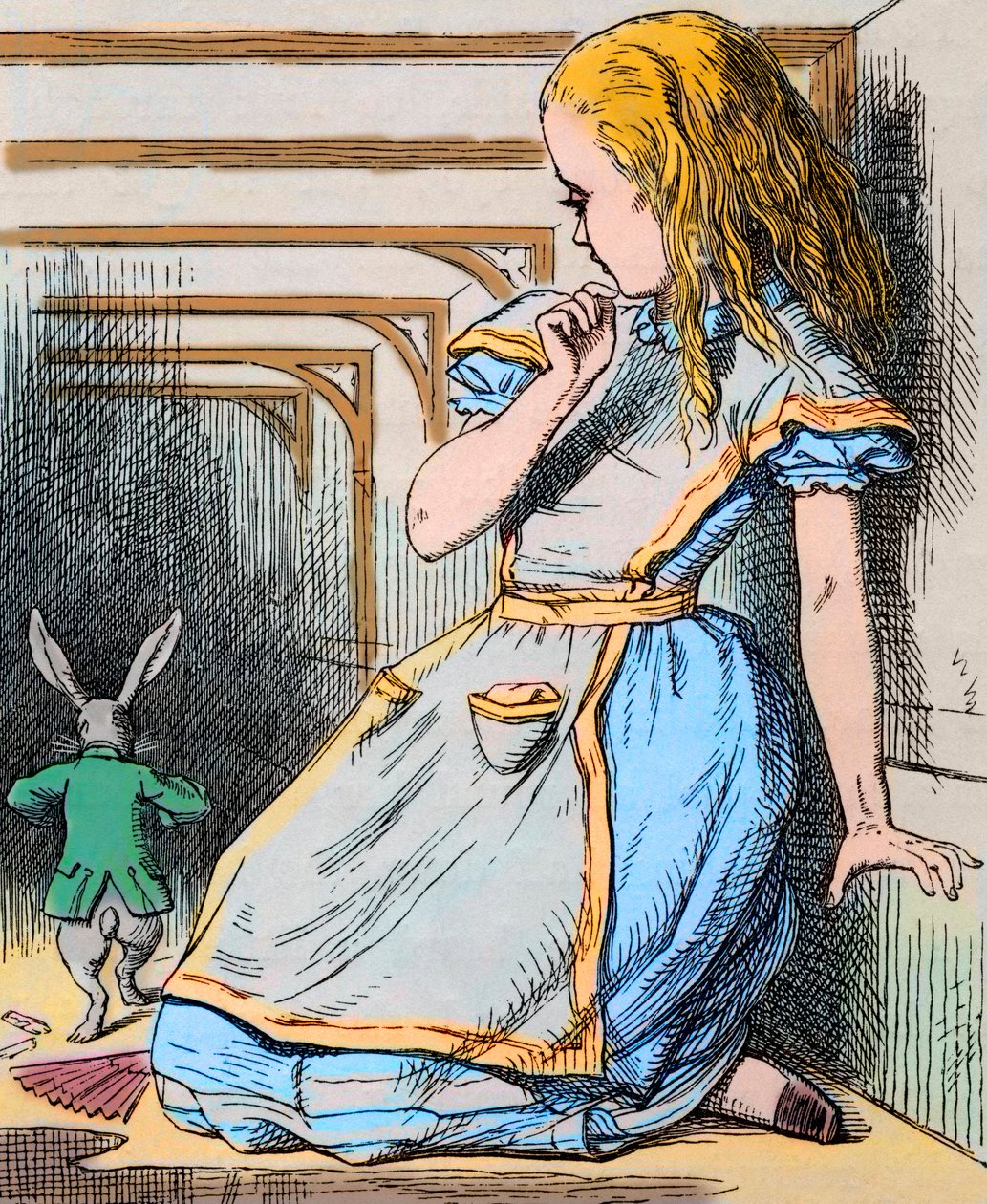 أليس والأرنب الأبيض. رسم توضيحي لجون تينيل من الطبعة الأولى من كتاب لويس كارول "مغامرات أليس في بلاد العجائب ،" 1865 - رسم توضيحي لقصة "أليس في بلاد العجائب" للويس كارول (تشارلز لوتويدج دودجسون بواسطة جون تينيل