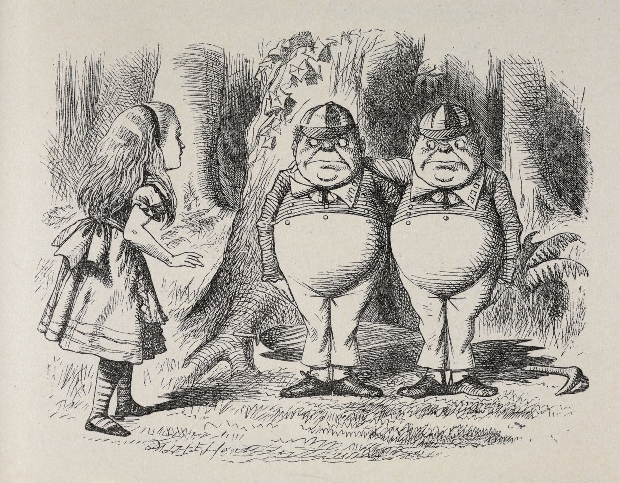 لقاء أليس مع Tweedle Dee و Tweedle Dum لأول مرة. كانا يقفان تحت شجرة ، ولكل منهما ذراع حول عنق الآخر ، وعرفت أليس أيهما في لحظة ، لأن أحدهما كان مطرزًا برقبة "دوم" ، والآخر "دي". بواسطة جون تينيل