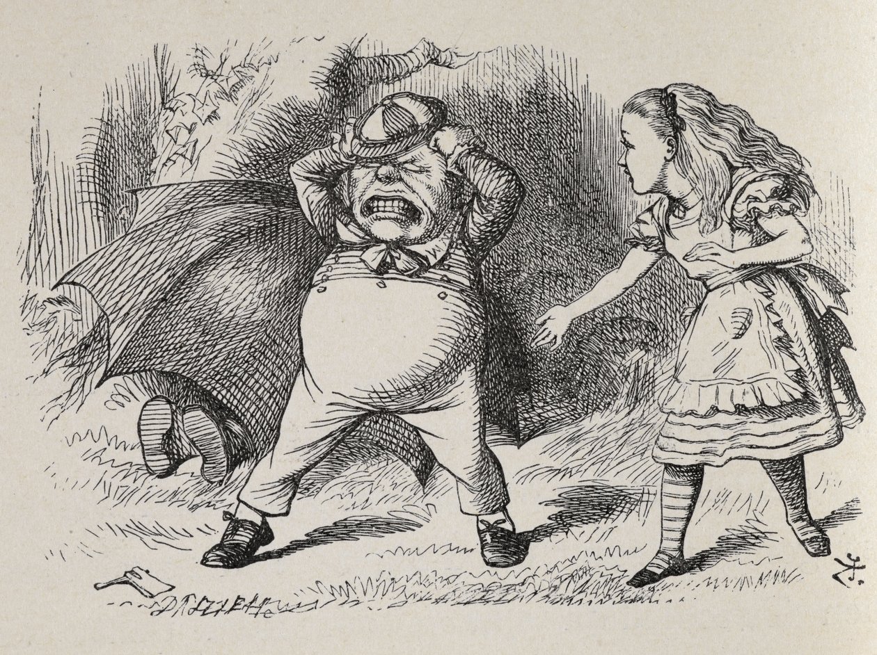 أليس مع Tweedledum الغاضب ويختبئ Tweedledee. بواسطة جون تينيل