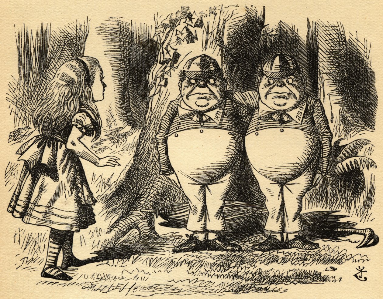 أليس مع Tweedledum و Tweedledee. رسم توضيحي للسير جون تينيل بواسطة جون تينيل