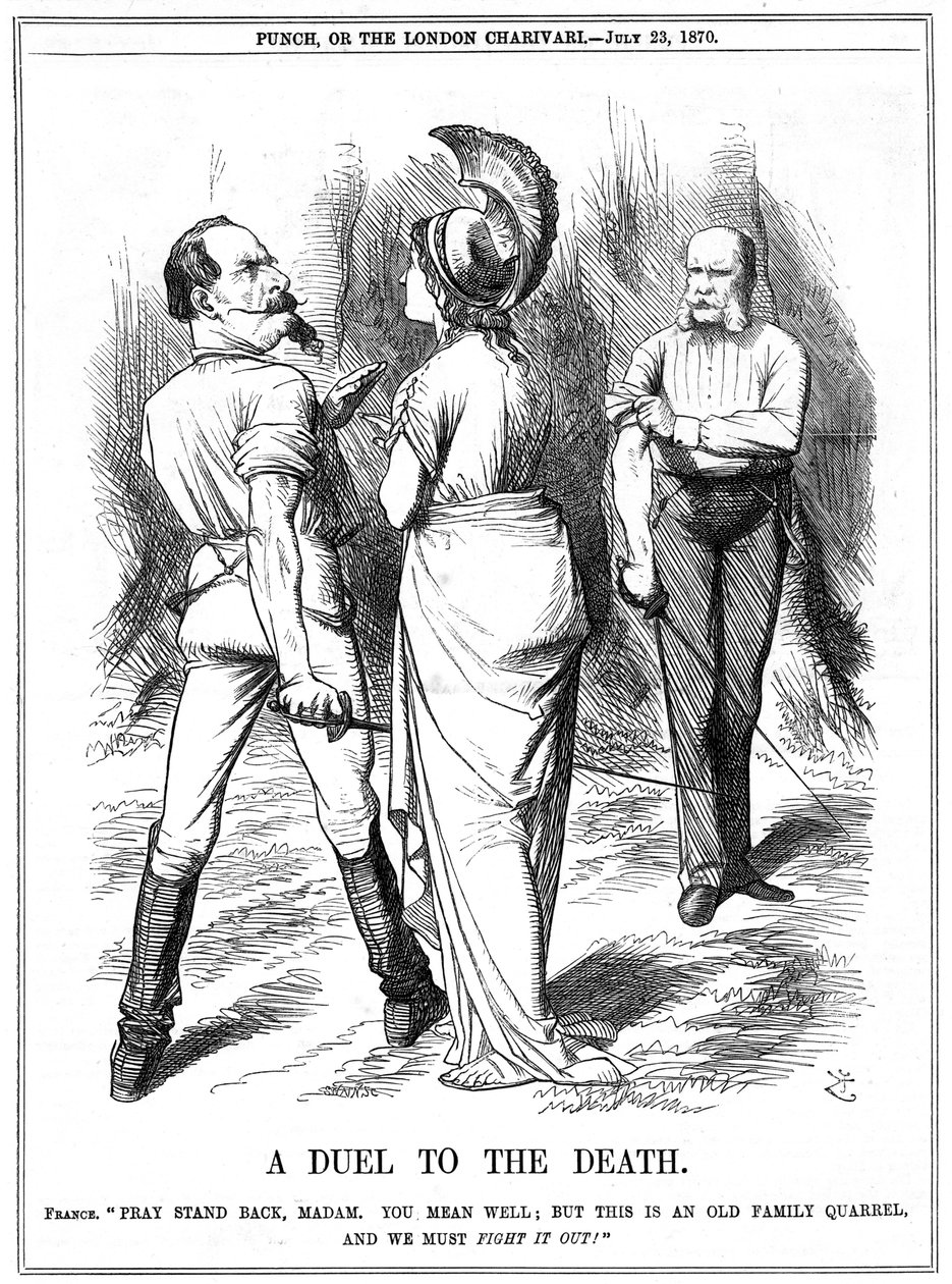 الحرب الفرنسية البروسية 1870-1871: حاولت بريطانيا كبح جماح نابليون الثالث في الحرب مع ألمانيا. تم تسليم الإعلان الفرنسي إلى برلين في 19 يوليو ، إعلان 23 يوليو. كارتون جون تينيل من بانش ، لندن ، 23 يوليو 1870. نقش بواسطة جون تينيل